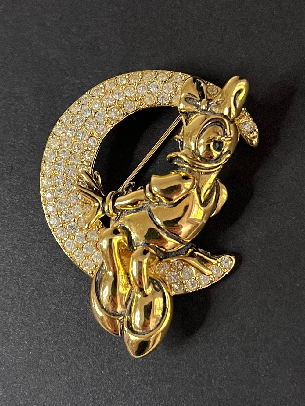 Vintage Napier Disney Daisy Duck Rhinestone Crescent Moon Brooch